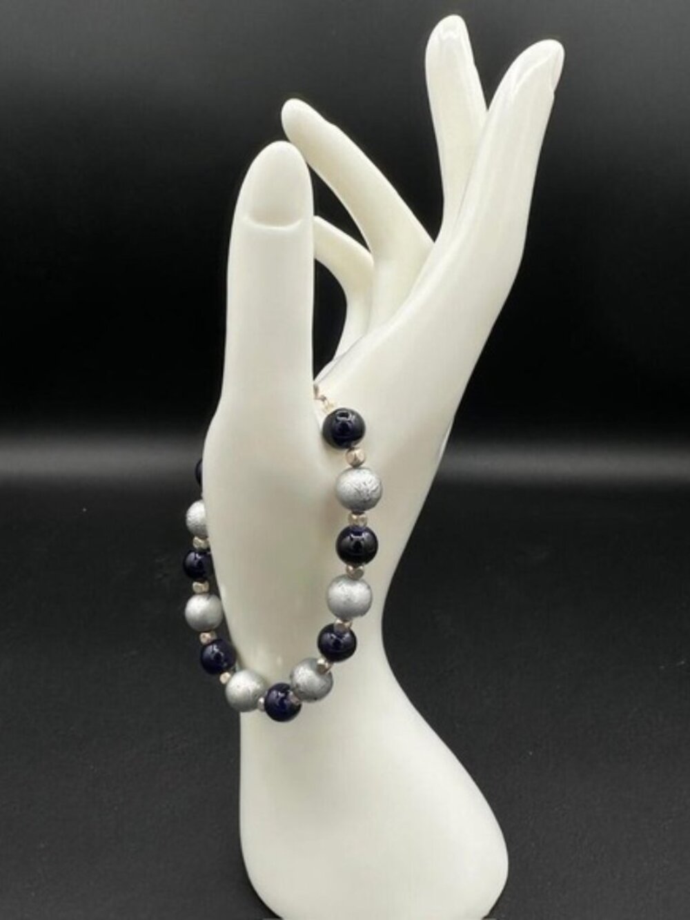 Handmade Blue & Silver Beaded Crystal Pearl Bracelet Boho Style 7''